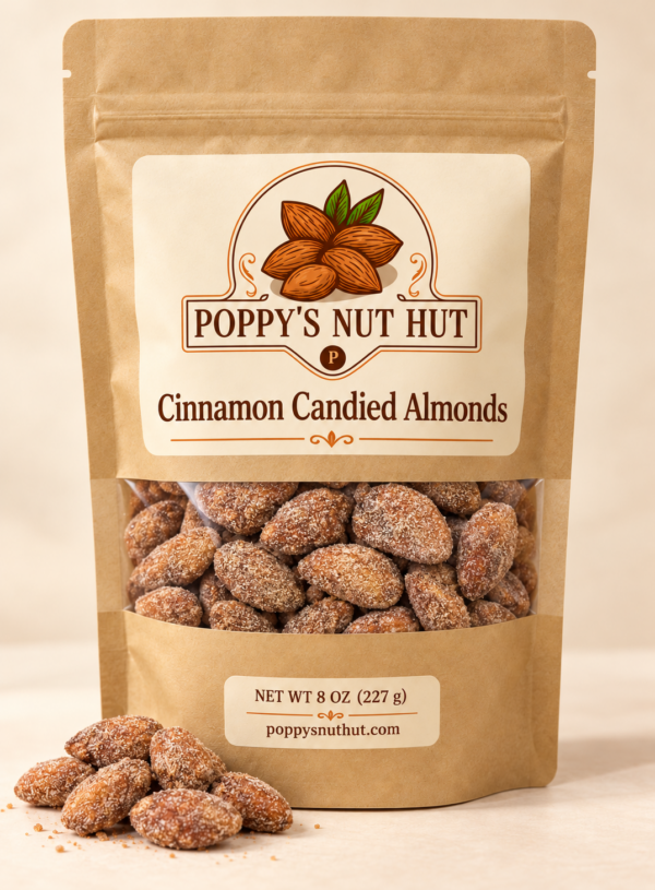 Poppys Cinnamon Candied almonds 8 oz packaging mockup Poppys Nut Hut cinnamon candied almonds in an 8 oz kraft window pouch