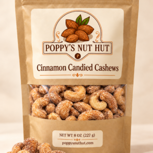Poppys Nut Hut cinnamon candied cashews in an 8 oz kraft window pouch
