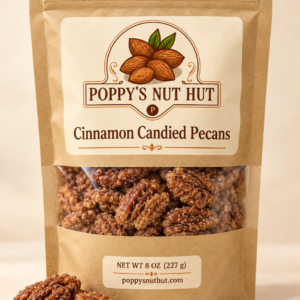Poppys Nut Hut cinnamon candied pecans in an 8 oz kraft window pouch
