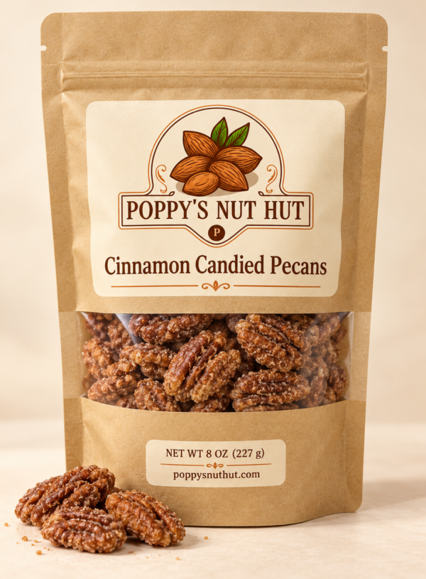 Poppys Cinnamon Candied pecans 8 oz packaging mockup Poppys Nut Hut cinnamon candied pecans in an 8 oz kraft window pouch